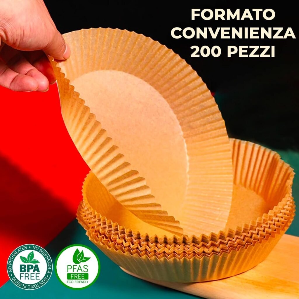 Terryshop74® Teglie in Carta per Friggitrice ad Aria 200 Pezzi – Rotonde 16-20 cm, Monouso, Antiaderenti, Resistenti al Calore, BPA Free – Per Airfryer 5-8 Litri (200 Pezzi 16×20×4,5 cm)