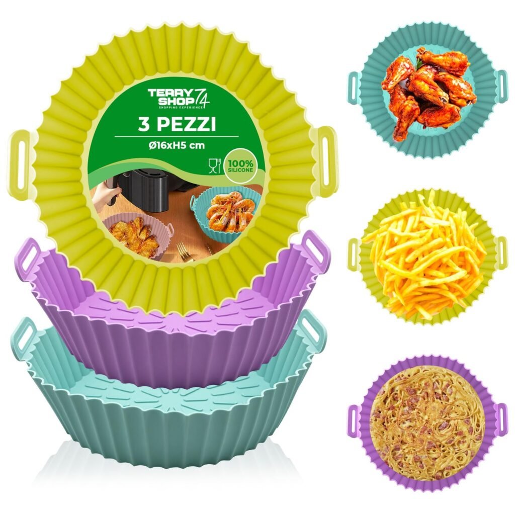 Teglie per friggirice aria In silicone Resistenti al calore adatte a forni e microonde, riutilizzabili, tappetino in silicone,airfryer teglia (3 pezzi Large 20 cm)