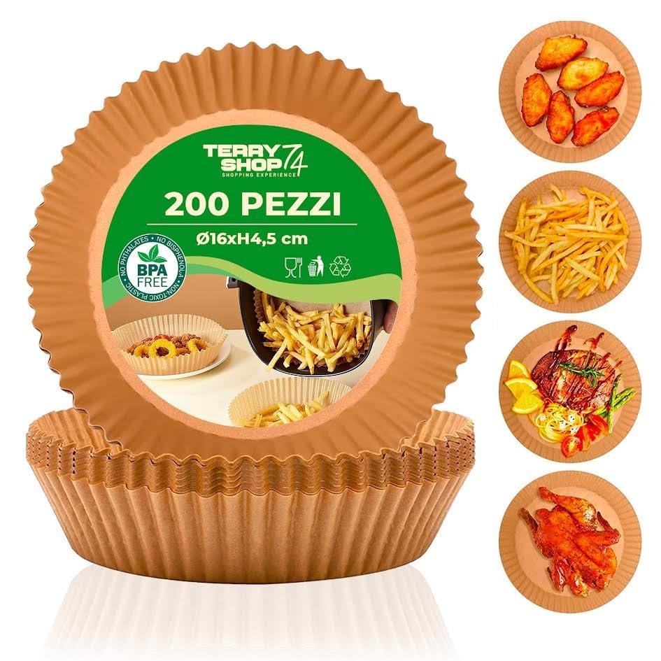 Terryshop74® Teglie in Carta per Friggitrice ad Aria 200 Pezzi – Rotonde 16-20 cm, Monouso, Antiaderenti, Resistenti al Calore, BPA Free – Per Airfryer 5-8 Litri (200 Pezzi 16×20×4,5 cm)